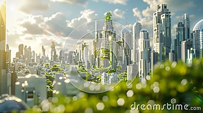 A futuristic city skyline powered entirely by biofuels symbolizing the potential for sustainable energy to transform our Stock Photo