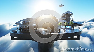 Futuristic city station on the clouds. Flying futuristic ships. Concept of future. 3d rendering. Stock Photo