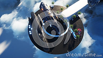 Futuristic city station on the clouds. Flying futuristic ships. Concept of future. 3d rendering. Stock Photo