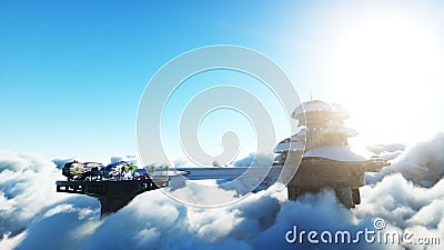 Futuristic city station on the clouds. Flying futuristic ships. Concept of future. 3d rendering. Stock Photo