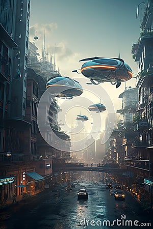 Futuristic city street, aircrafts flying above cars driving on urban road, generative AI Stock Photo