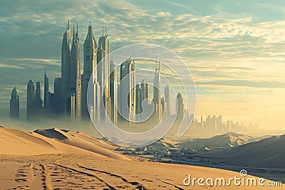 A futuristic city with towering skyscrapers and advanced technology rises amidst the barren landscape of a desert, Arabesque-style Stock Photo