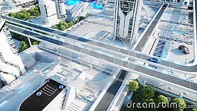 Futuristic city, town. The concept of the future. Aerial view. 3d rendering. Stock Photo