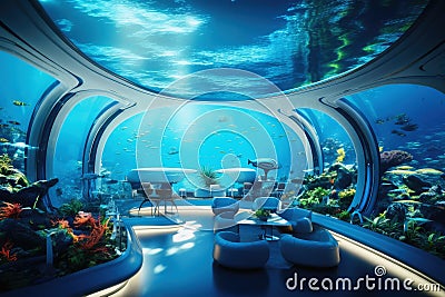 A futuristic city underwater at the bottom of the ocean Stock Photo