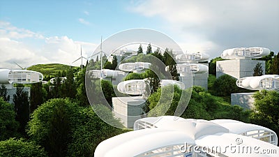 Futuristic city, village. The concept of the future. Aerial view. 3d rendering. Stock Photo