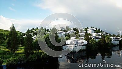 Futuristic city, village. The concept of the future. Aerial view. 3d rendering. Stock Photo