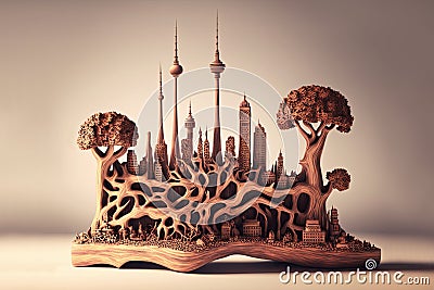 Futuristic city, wooden model, wood carving, intricate details. AI generative art, concept illustration generated by AI Cartoon Illustration