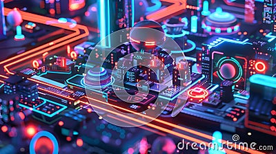 Futuristic cityscape with AI robots quantum computers and blockchain data streams in neon colors Stock Photo