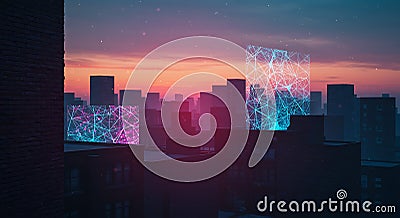futuristic cityscape at dusk with interconnected network displays - generated using ai Stock Photo
