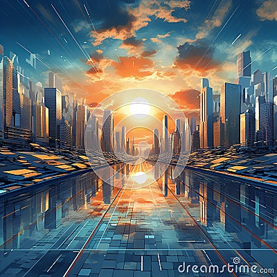 Futuristic Cityscape Embraced by Sunburst and Integrated Solar Panels Stock Photo