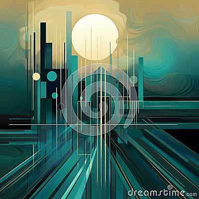 Abstract City Scene With Futurist Elements In Dark Gold And Dark Cyan Stock Photo