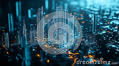 Futuristic cityscape with glowing, grid-like structures and digital lines, representing a high-tech, cyberpunk-inspired metropolis Stock Photo