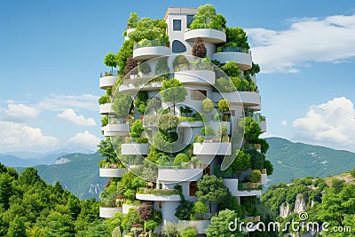 Futuristic cityscape highlighting eco-friendly buildings and tranquil green spaces Stock Photo