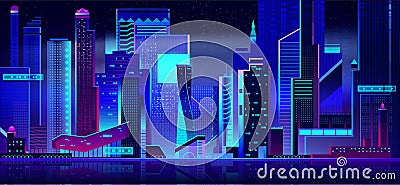 Futuristic cityscape panoramic view at night time. Vector Illustration