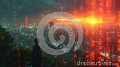 A futuristic cityscape is protected by a massive screen made of binary code symbolizing the use of technology in Stock Photo