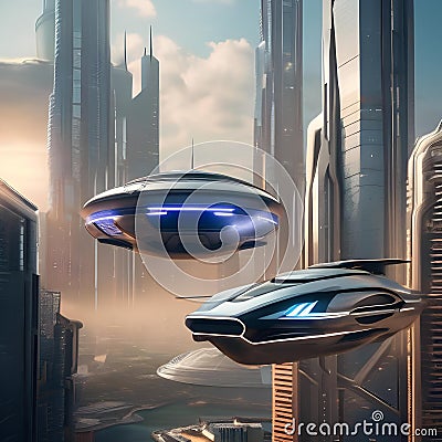 Futuristic cityscape with towering skyscrapers and flying cars Ideal for sci-fi book covers or futuristic-themed graphics2 Stock Photo