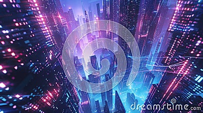 A futuristic cityscape with towering skyscrs composed of endless streams of binary code Stock Photo