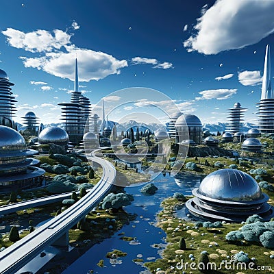 Futuristic cityscape with tranquil earthworks and water Stock Photo