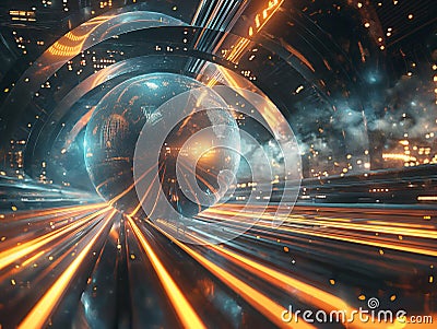 Futuristic Cityscape Warp Speed Travel Stock Photo