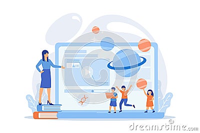 Futuristic classroom, little children study with high tech equipment. Smart spaces at school, AI in education, learning management Vector Illustration