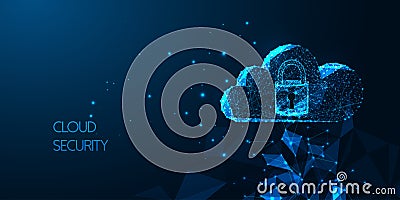 Futuristic Cloud security concept with glowing low polygonal cloud technology symbol and padlock Vector Illustration
