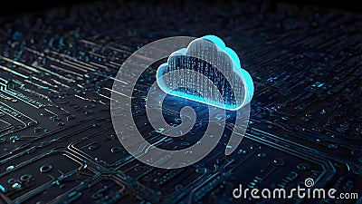 A luminous, translucent cloud icon hovers over a dense, glowing matrix of binary code and digital symbols. Stock Photo