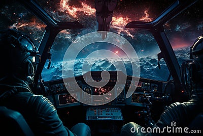 Futuristic Cockpit of spaceship control system room with planets view scenery, Outer space, astronaut. Planet horizon Stock Photo