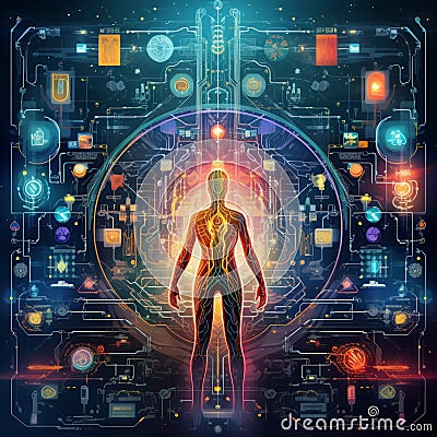 Futuristic Code-Filled Diagram of the Endocrine System Stock Photo