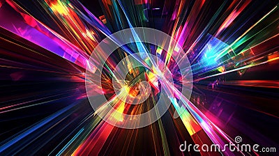 A futuristic color prism backdrop with angular prisms refracting intense rainbow light into Stock Photo