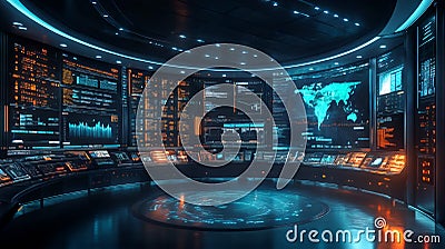 Futuristic command center with digital interfaces and world map display in a high-tech control room Stock Photo