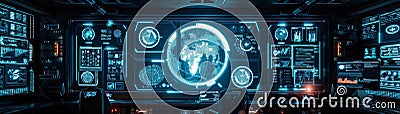 A futuristic command center with digital screens and a world map, displaying advanced technology, data analytics, and global Stock Photo