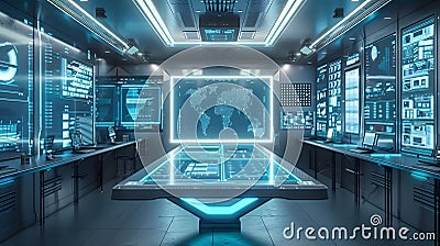 Futuristic Command Center with Interactive Touch-Screen Tables and Global Data Displays Stock Photo
