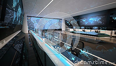 Futuristic command center interior, big displays, holographic interactive table, world map Stock Photo