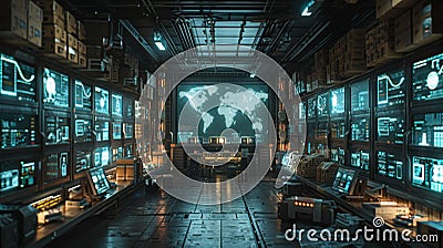 Futuristic Command Center with Multiple Screens, Generative AI Stock Photo