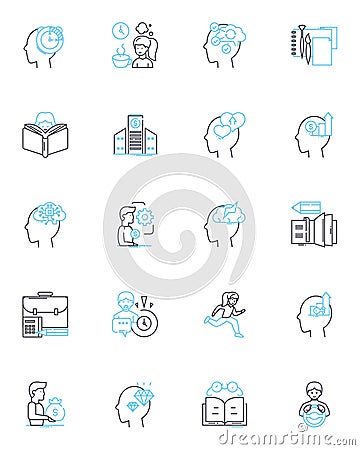 Futuristic communities linear icons set. Utopia, Cyberpunk, Dystopia, Sustainability, Progress, Innovation, Artificial Vector Illustration