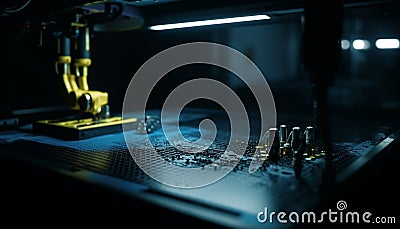 Futuristic computer chip manufacturing, robotic arm, complex machinery, electrical components generated by AI Stock Photo