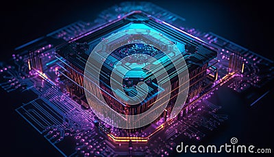 Futuristic computer equipment generates complex patterns for global communications industry generated by AI Stock Photo