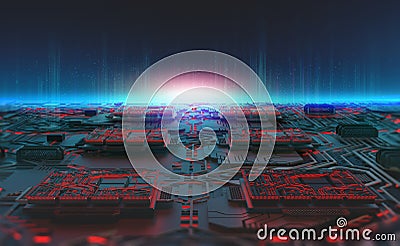 Futuristic computer panel, digital circuit and quantum processor concept Cartoon Illustration
