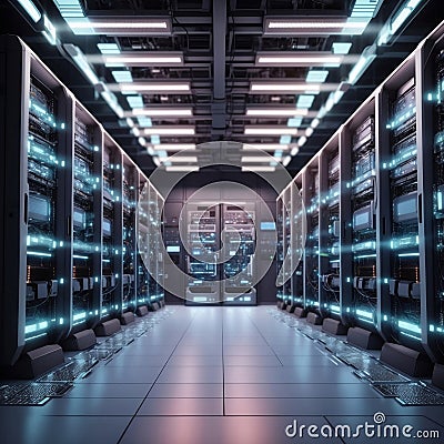 futuristic computer server room with rows of blinking lights and racks of equipment. Stock Photo