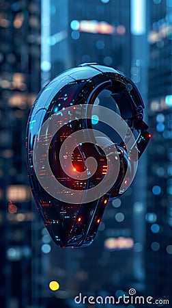 A futuristic concept of a brain-computer interface device, resembling a tiny, wireless earpiece that seamlessly connects to the Stock Photo