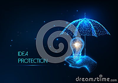 Futuristic concept of business idea, startup protection with hand holding lightbulb and umbrella Vector Illustration