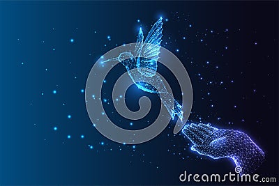 Futuristic concept of dream, hope, freedom, inspiration with hand and flying bird hummingbird Vector Illustration