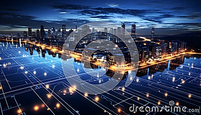 Futuristic Concept modern Smart City advanced infrastructure network systems control efficient communication security, power Cartoon Illustration