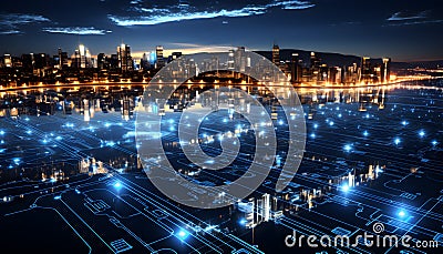 Futuristic Concept modern Smart City advanced infrastructure network systems control efficient communication security, power Cartoon Illustration