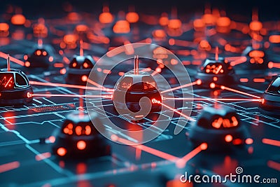 A futuristic concept of a network of robots connected by red beams symbolizing communication collaboration and AIpowered Stock Photo