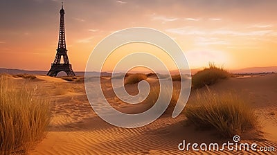 Futuristic concept of saving planet. Parisian Eiffel Tower in desert sands. AI generated. Stock Photo