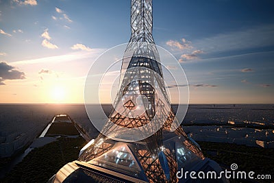 futuristic and conceptual version of the eiffel tower, with futuristic additions such as solar panels and led lights Stock Photo