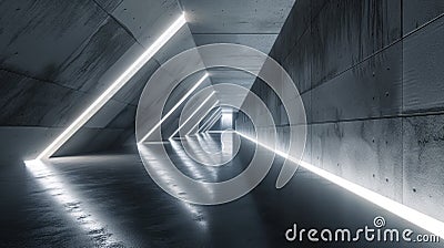 Futuristic concrete corridor background, minimalist design of grey garage with lines of led light. Perspective view of dark modern Stock Photo