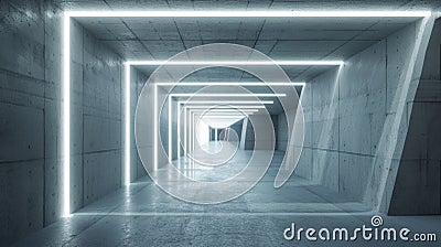 Futuristic concrete corridor background, minimalist design of grey garage with lines of led light. Perspective view of tunnel or Stock Photo