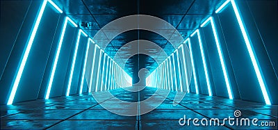 Futuristic concrete tunnel, hallway with neon cyber glowing blue lines Stock Photo